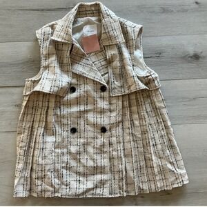 THE GARO Women Tweed Plaid Sleeveless Blazer Vest Double Breasted Med Cream NWT